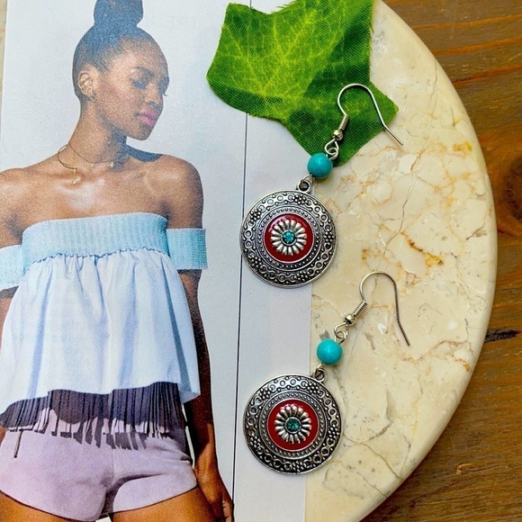 Boho Silver Round Turquoise Bead Drop  Earrings - Picture 6 of 14